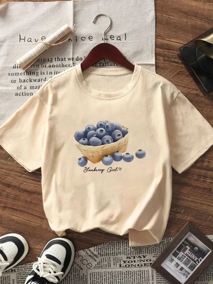 Nouveau Simple myrtille imprimé femmes T-Shirt col rond à manches courtes coton