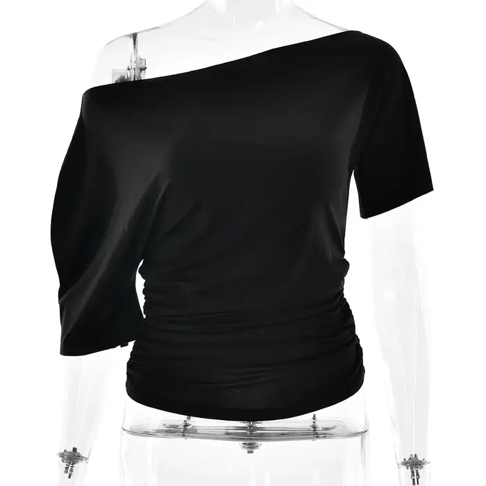 Haute qualité vente chaude en gros été nouveau T-shirt femme Sexy épicé fille plissée simple épaule col incliné haut ajusté