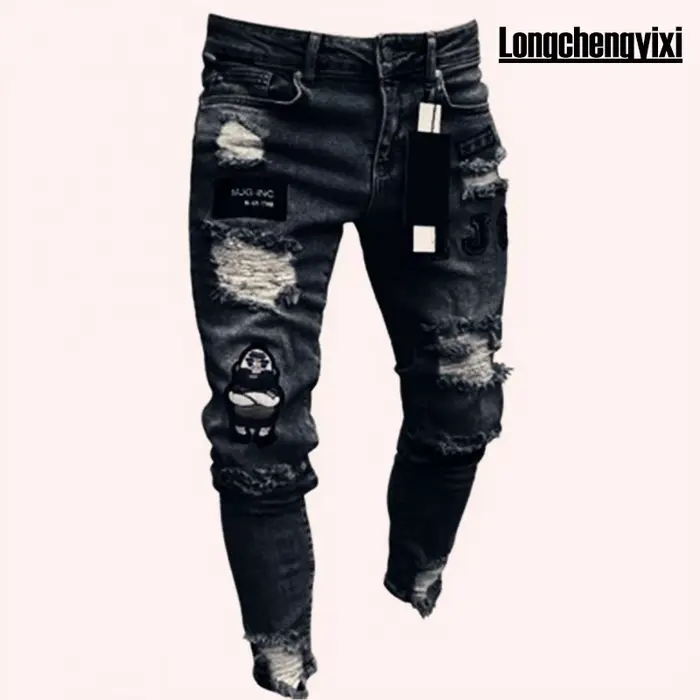Hommes jean genou trou déchiré Stretch maigre Denim pantalon couleur unie noir bleu automne été Hip-Hop Style Slim Fit