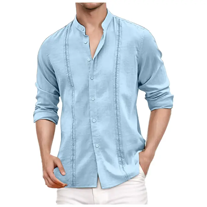 Chemises cubaines vintage pour hommes, mode printemps-automne, chemise guayabera unie à manches longues, chemise en coton et lin avec boutons brodés