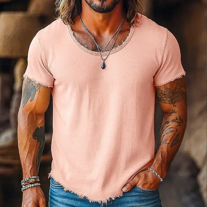 Nouveau T-shirt déchiré à col rond pour homme