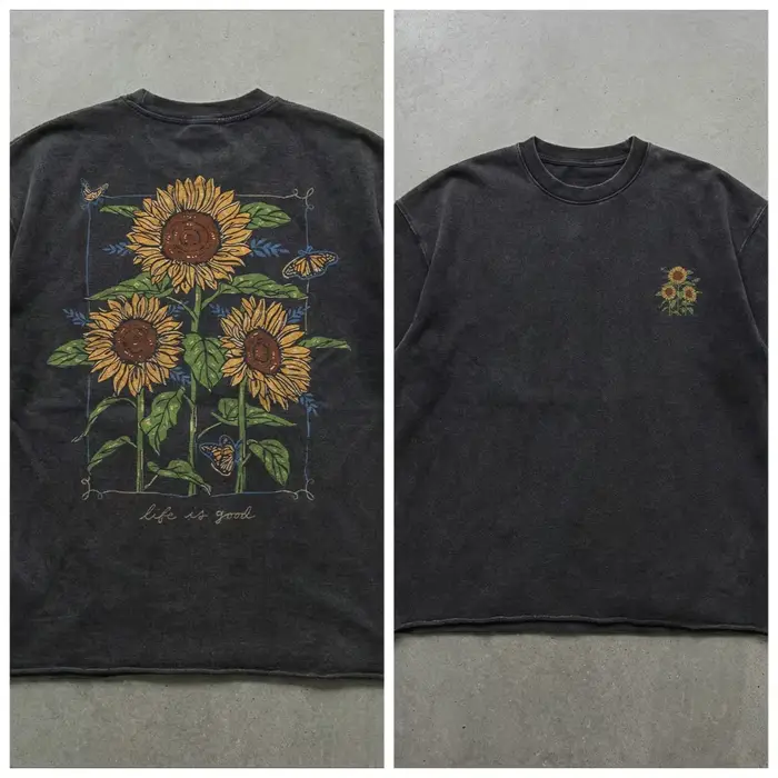 T-shirt délavé motif tournesol |   T-shirt vintage à motif floral |   Chemise Oversize Esthétique Na