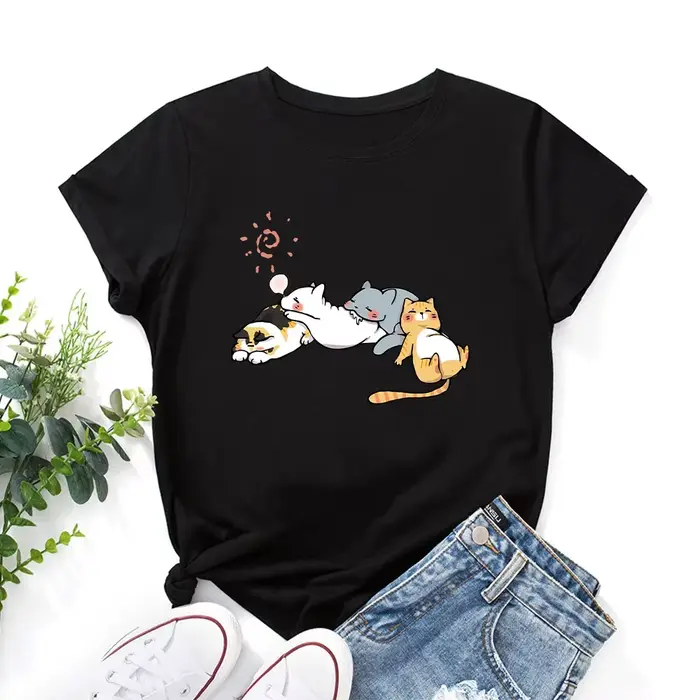 100% coton femmes T-shirt dormir chat imprimé graphique t-shirts amples chemise à manches courtes fe