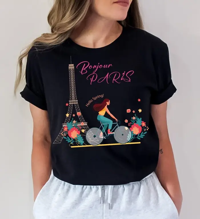 T-shirt Tour Eiffel Paris Rose Floral Vintage Cadeau Souvenir Français Vêtements Femme Mode