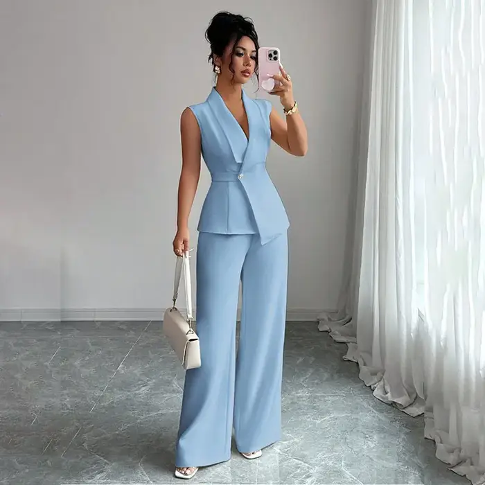 Ensemble élégant 2 pièces pour femme : Gilet blazer sans manches à col en V et pantalon large – Tenue de bureau professionnelle