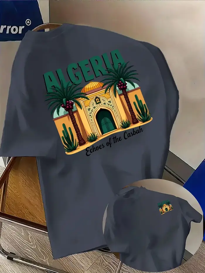 T-shirt pour homme en coton 100% à thème Algérie vibrante avec imprimé graphique architecture casbah et palmiers