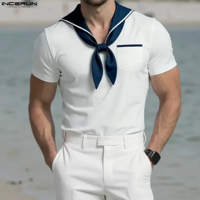 INCERUN hommes t-shirt Patchwork été col marine à manches courtes