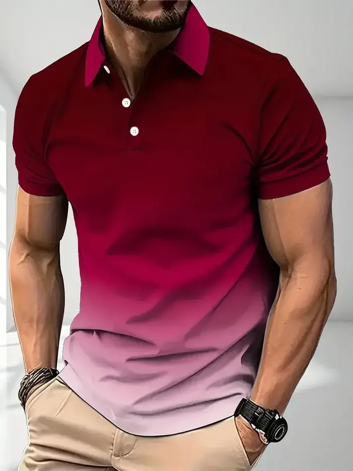 Polo homme à blocs de couleur dégradés, manches courtes, décontracté, respirant, coupe ajustée, styl