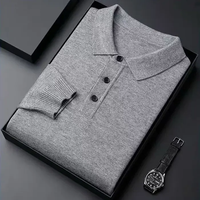 Polo à manches longues pour hommes, pull en cachemire, pull d'affaires décontracté, 100% laine douce