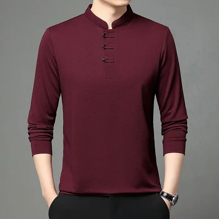 Printemps automne hommes Style chinois col montant polos mode coupe ajustée à manches longues