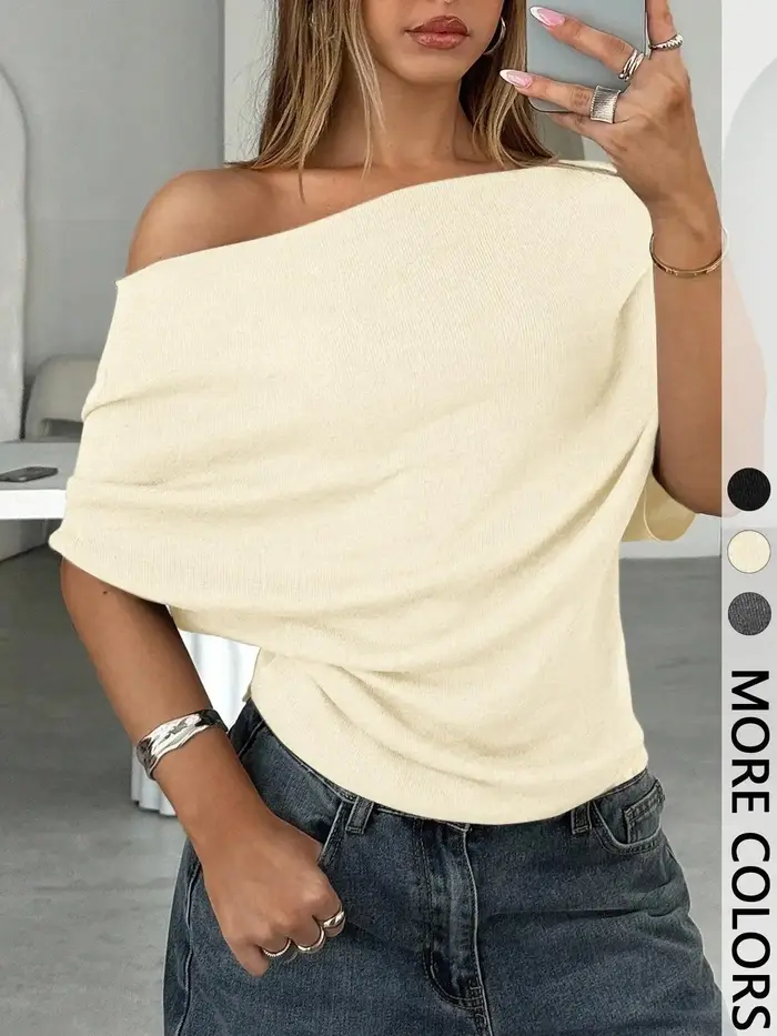 T-shirt sexy et tendance à épaules dénudées pour femme, coupe ajustée, manches chauve-souris, style