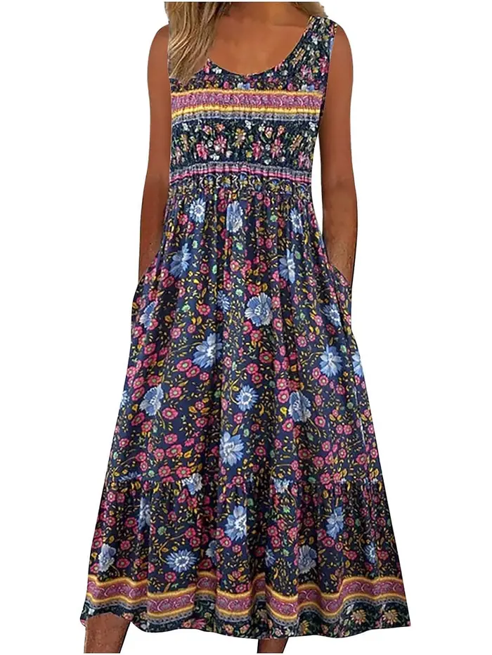 2025 été nouveau! Robe d'été MIDI de plage décontractée à fleurs bohème sans manches pour femmes avec poches fluide et ample