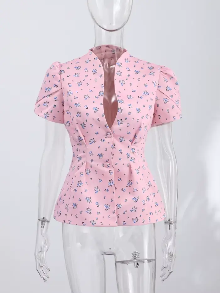T-shirt Chic Femme Imprimé Manches Courtes Col V Boutonné Tunique Slim Top Féminin Été Streetwear 2026 Bureau