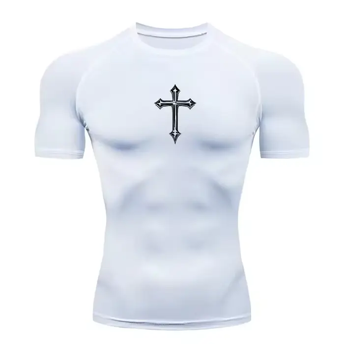 T-shirt de compression imprimé croisé pour hommes, T-shirt athlétique chrétien, hauts de sport, sous-vêtements de gym, de course, de musculation, sous-maillots, Rash Guard