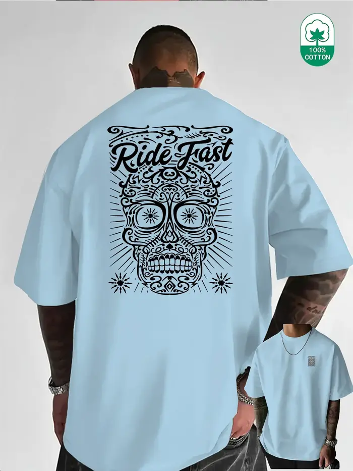 T-shirt Homme Oversize à Motif Crâne 100% Coton Grande Taille Style Urbain Rétro Tatouage Décontracté Respirant Manches Courtes