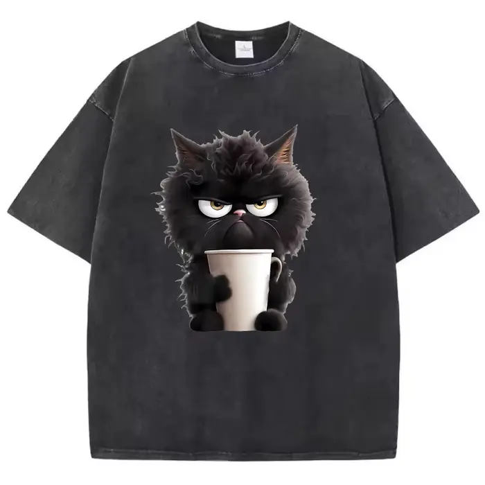 T-Shirt Vintage café chat lavé 100% coton T-Shirt graphique T-Shirt décontracté Streetwear printemps