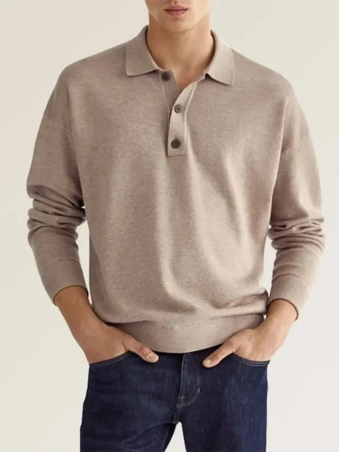 Polo classique pour homme à manches longues avec col rabattable, patte de boutonnage et tissu tricot