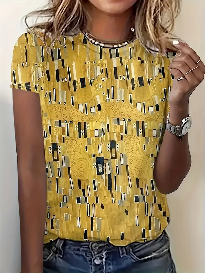T-shirt jaune moutarde pour femme - Motif géométrique Art déco