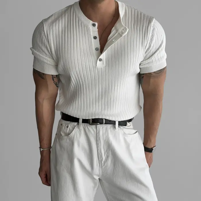 T-shirt tricoté à col Henry pour homme, à manches courtes, boutonné, coupe slim, pour affaires, fitn