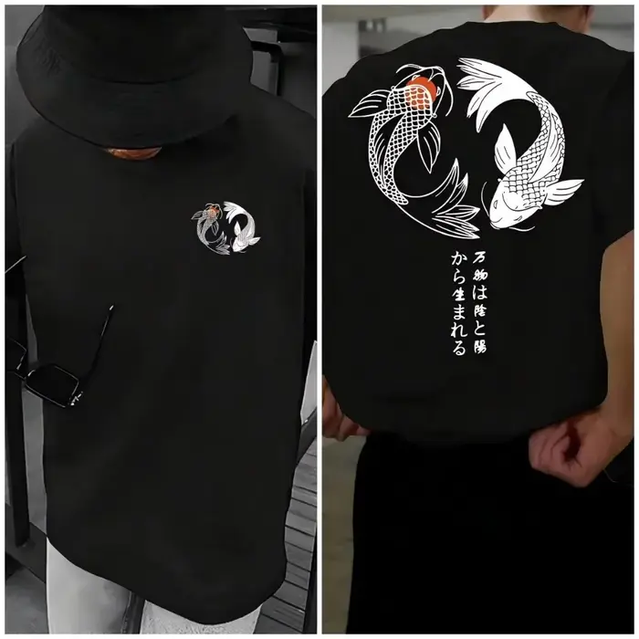 T-shirt en pur coton avec imprimé double poisson koi de style chinois sur les deux côtés