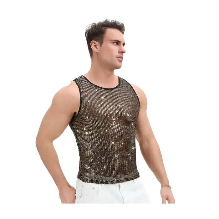 Débardeur scintillant pour homme avec strass, col rond, sans manches, transparent et sexy, idéal pou
