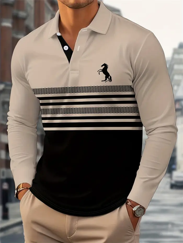 Chemises polo simples à rayures pour hommes, imprimées en 3D, décontractées, à manches longues, pour l'été, chemises polo d'affaires, amples, respirantes