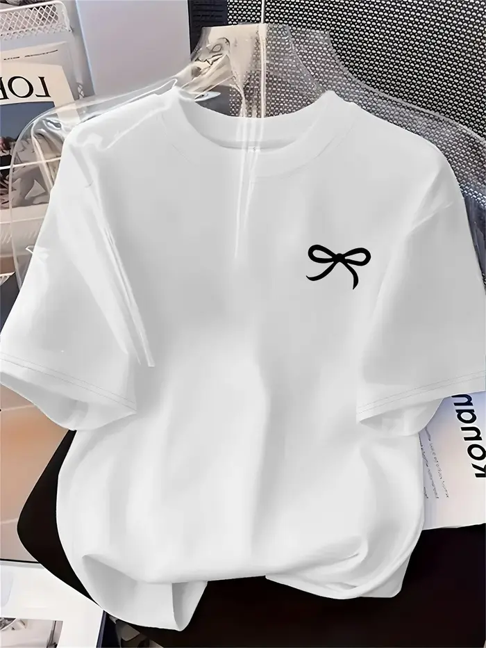 T-shirt à manches courtes pour femmes, avec nœud noir imprimé, Style Simple, décontracté, à la mode,