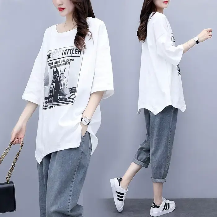 T-shirt imprimé coréen pour femme, tenue en jean femme, décontracté, trempé, nouveau, été, printemps
