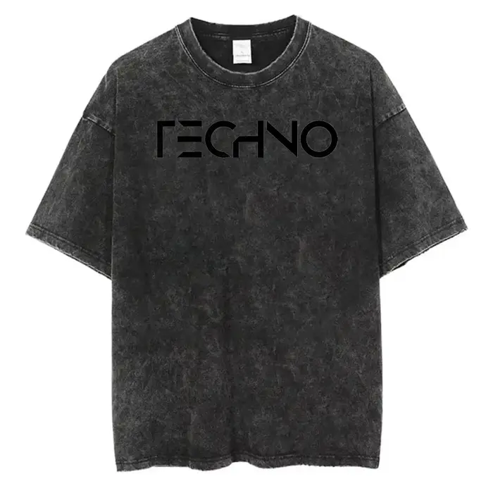 T-shirt Cool Techno à Imprimé Lettres, Coton Lavé, Manches Courtes, Style Rétro Délavé à l'Acide, Co