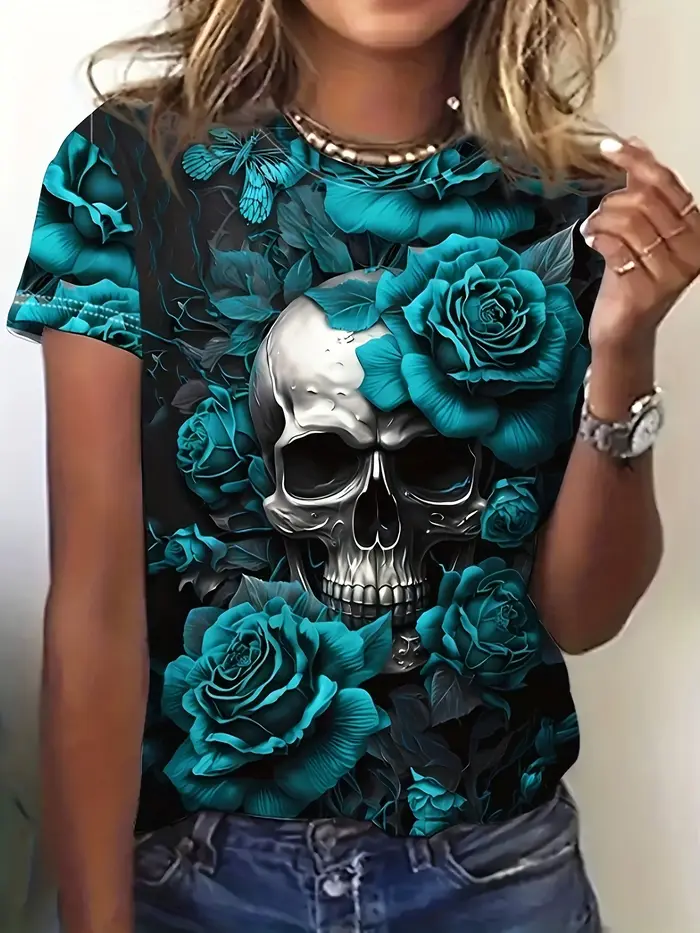 T-shirt pour femme - Motif tête de mort et rose turquoise, design floral gothique audacieux pour un 