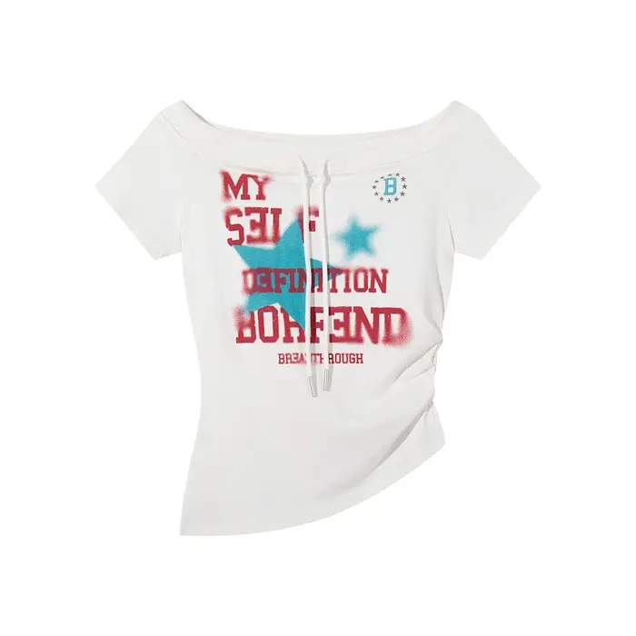 T-shirt à épaule dénudée BF.BORFEND style rétro américain pour femme, imprimé tendance, taille cintrée, manches courtes en coton