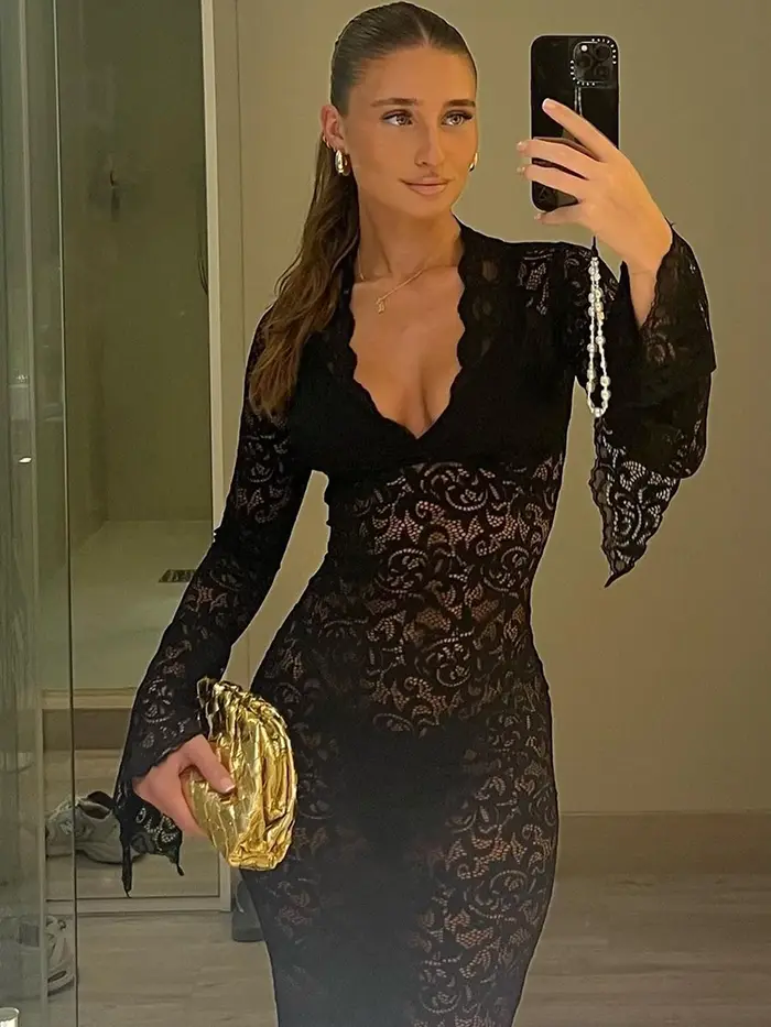 Hugcitar maille imprimé fleuri col en V manches longues évasées Sexy voir à travers Maxi robe printemps femmes mode vête