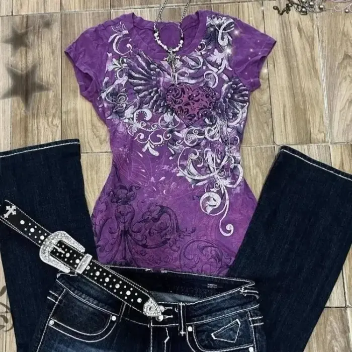 T-shirts vintage imprimés violet foncé pour femmes