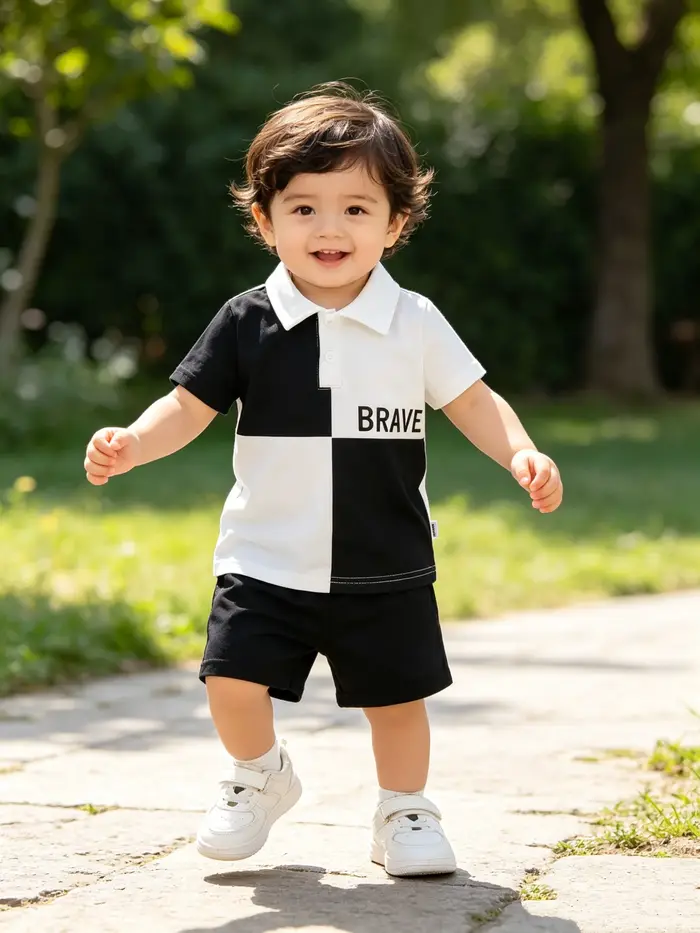 Ensemble polo à carreaux d'été pour garçons, couleur noire et blanche, polo à manches courtes, short