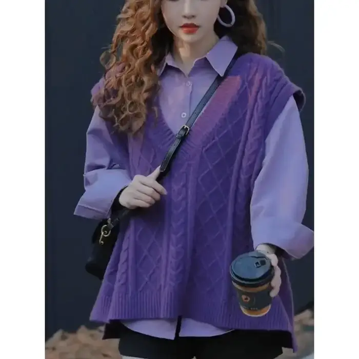 Gilet violet col en v dame chandails pull ample tricot gilets pour femmes sans manches Style coréen vêtements élégant tendance 2025