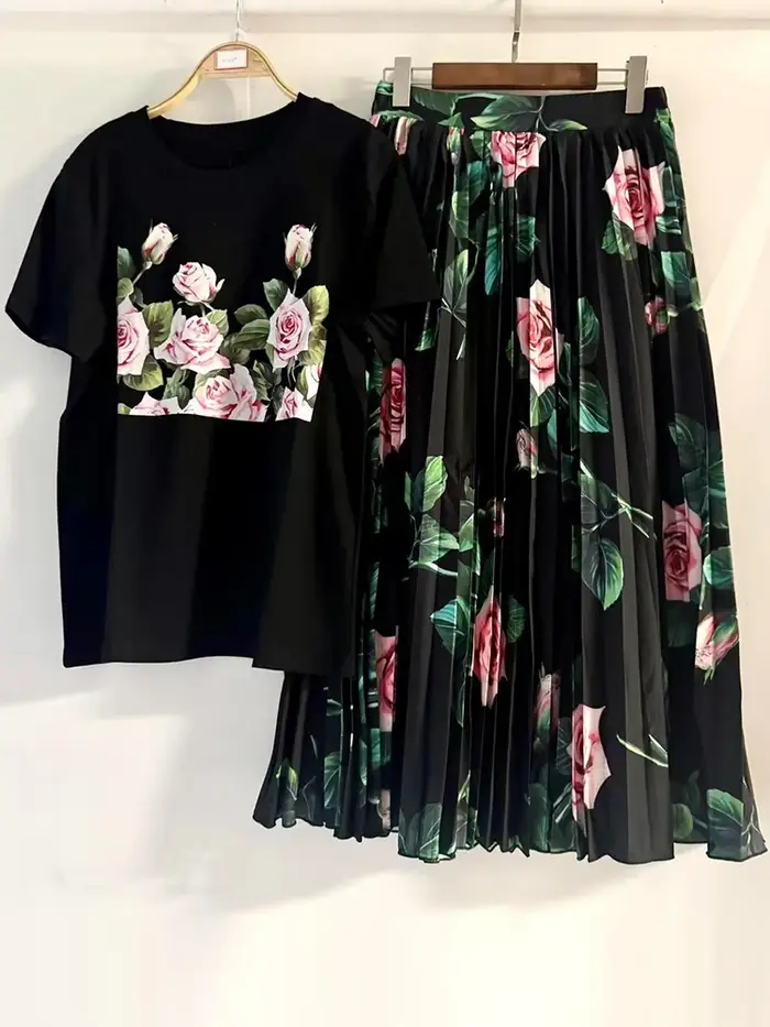T-shirt rétro à col rond et manches courtes pour l'été, nouveau costume pour femme + jupe imprimée à
