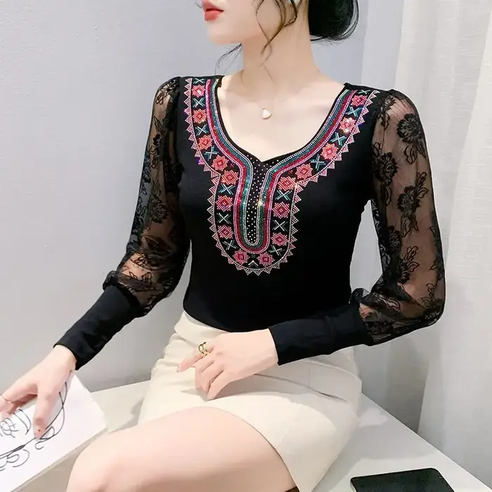 T-shirt de repassage à la mode pour femmes, hauts d'épissure d'automne à manches longues pour femmes