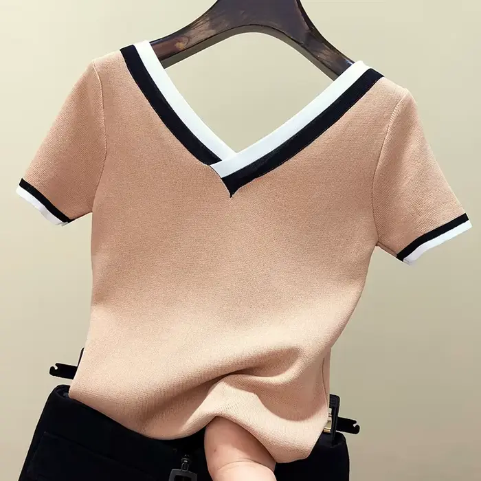 T-shirt rayé à col en V pour femmes, haut d'été, vêtements pour femmes, 2024