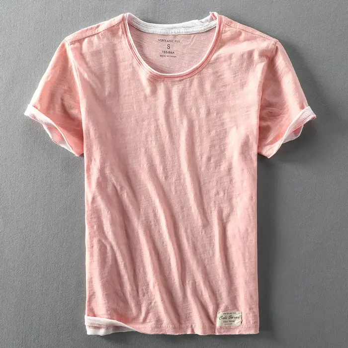 Faux deux T-shirts pour hommes rétro mode été coton couleur unie à manches courtes hauts mâle décontracté Simple mince blanc t-shirt vêtements