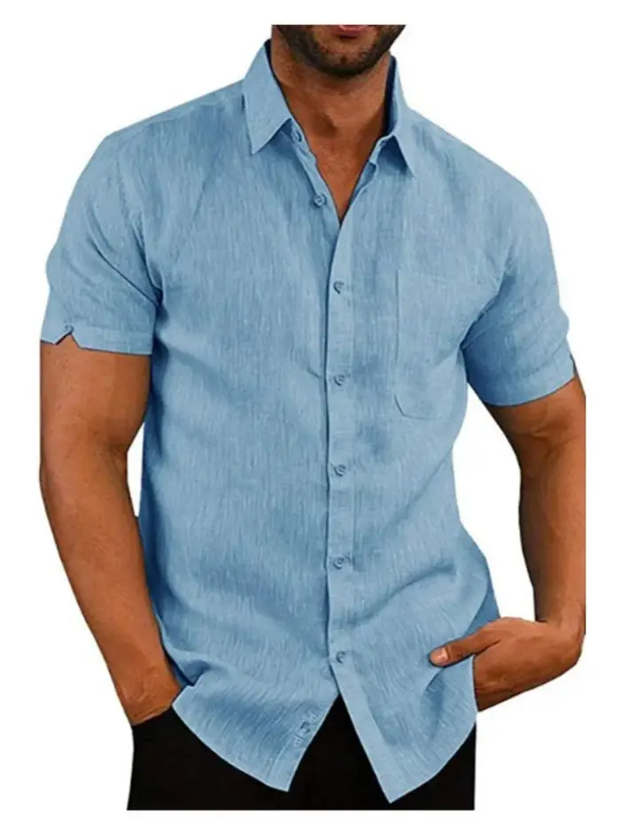 Chemise à manches courtes pour homme en lin mélangé avec poche poitrine, décontractée, pour l'été