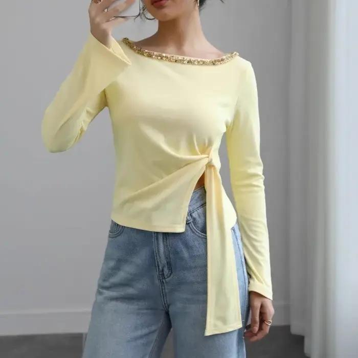 2025 femmes haut à paillettes cravate taille ourlet irrégulier moulante ajusté T-Shirt décontracté fête Blouse automne glamour Streetwear