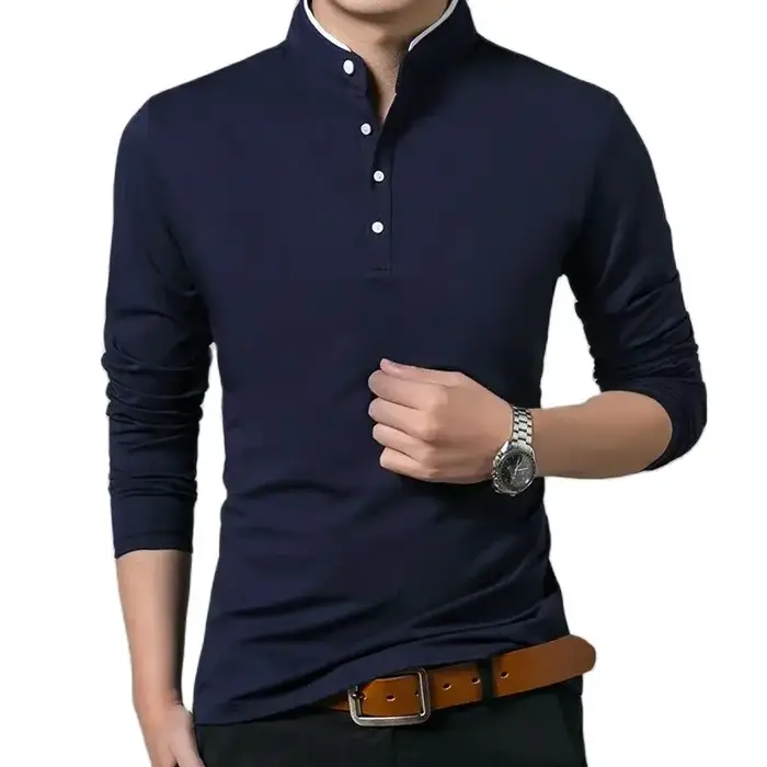 SHiONFA t-shirts en pur coton pour hommes col Mandarin à manches longues chemise confortable simple boutonnage doux supérieur extérieur pour le printemps automne