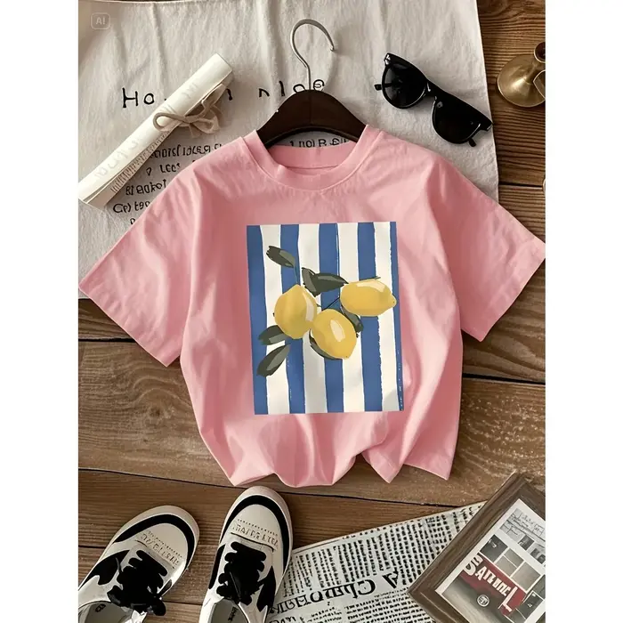 T-shirt à col rond pour enfants, tendance, ample, doux, confortable, léger, respirant, motif citron 