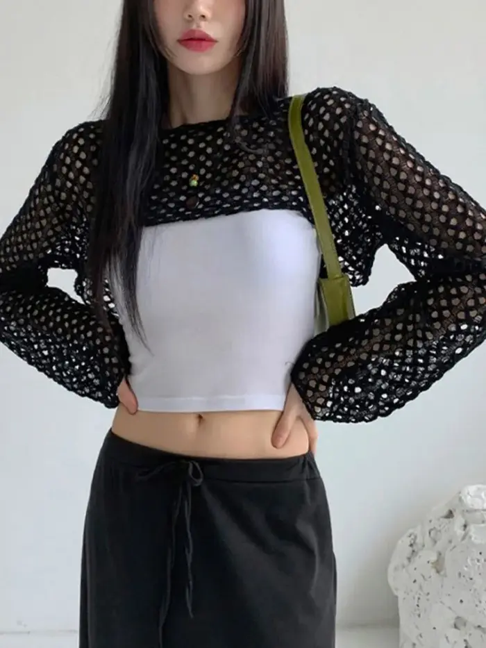T-shirt à capuche en résille ajourée pour femme