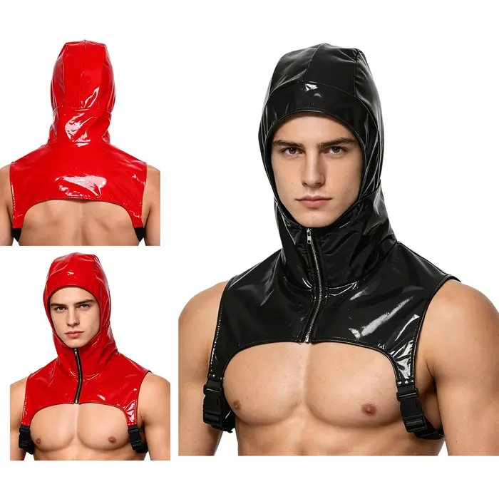 Débardeur court à capuche en similicuir PU pour homme