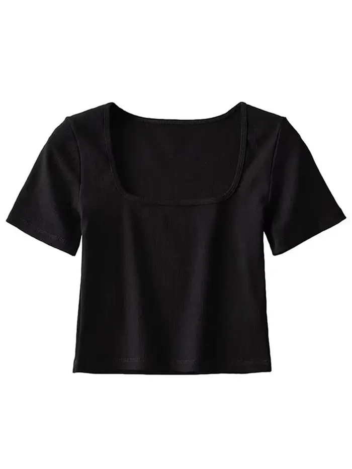T-shirt court côtelé à col carré pour femmes, haut court à manches courtes