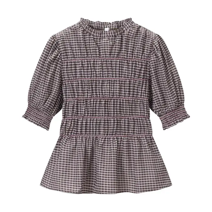 Chemisier à volants et col à carreaux style preppy, manches bouffantes, peplum à étages, pour femme,