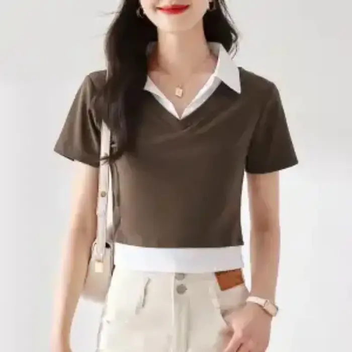 T-shirt polo femme faux deux pièces à col revers et manches courtes