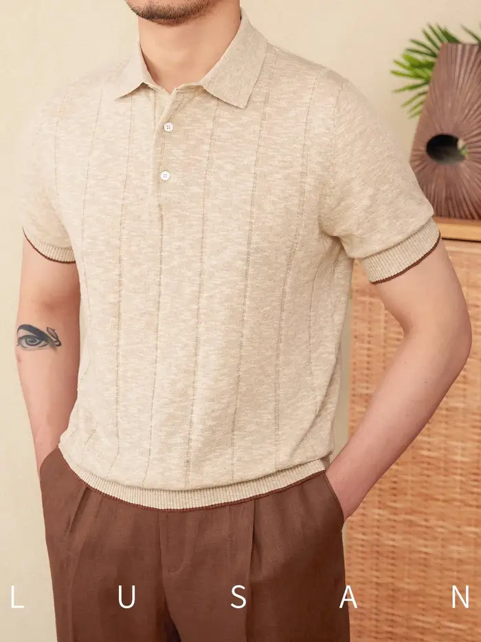 Polo tricoté en lin et coton mélangé pour hommes