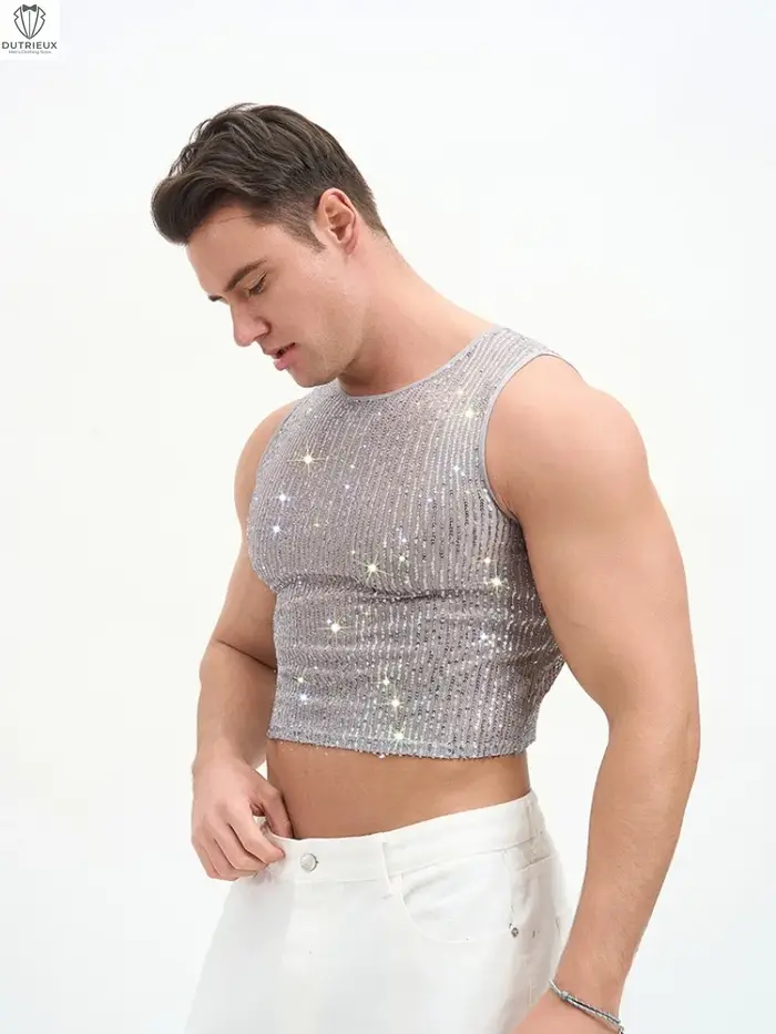 Débardeur court à paillettes pour homme – Gilet sans manches scintillant pour soirée